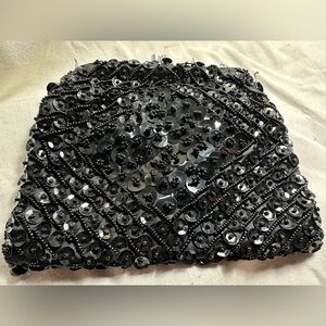 Black Vintage VTG Handmade Sequin Beaded KISSLOCK Clutch